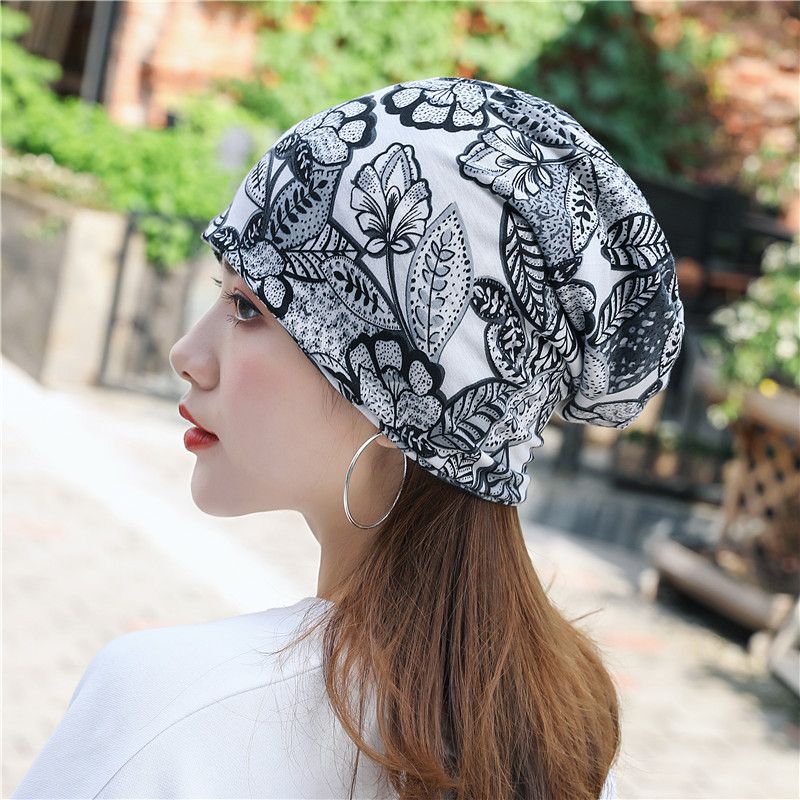 Dames Katoen Bloemen Blad Afdrukken Patroon Casual Outdoor Dual-use Nekbescherming Randloze Beanie