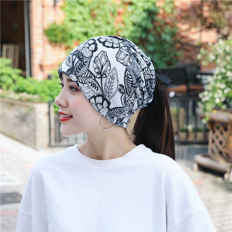 Dames Katoen Bloemen Blad Afdrukken Patroon Casual Outdoor Dual-use Nekbescherming Randloze Beanie