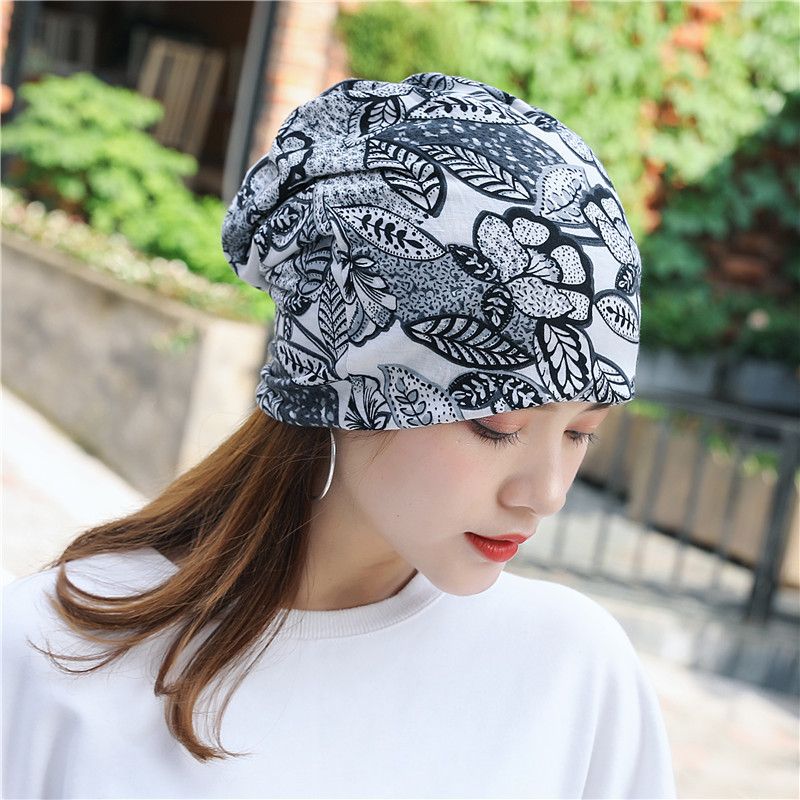 Dames Katoen Bloemen Blad Afdrukken Patroon Casual Outdoor Dual-use Nekbescherming Randloze Beanie