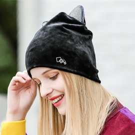 Dames Velours Strass Deco Kat Oor Winddichte Beanie Cap