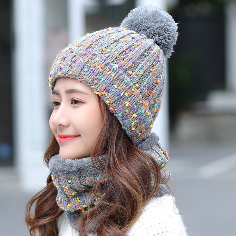 Dikke Warme Wollen Muts Bib Tweedelige Set Beanie Warme Winter Pom Cap