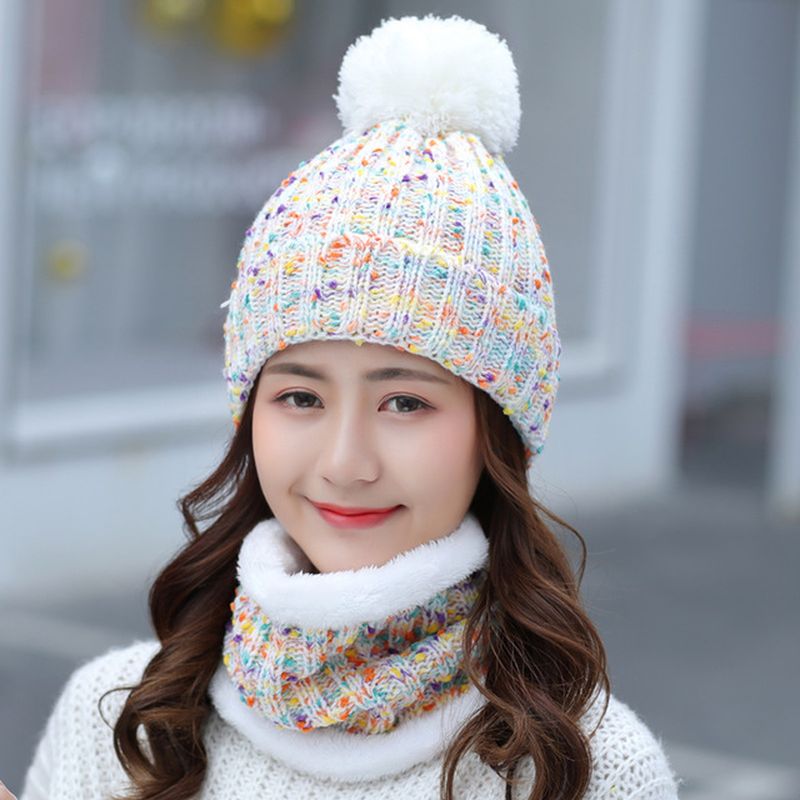 Dikke Warme Wollen Muts Bib Tweedelige Set Beanie Warme Winter Pom Cap