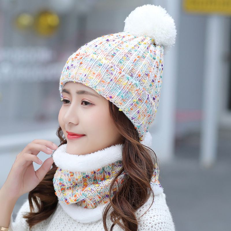 Dikke Warme Wollen Muts Bib Tweedelige Set Beanie Warme Winter Pom Cap