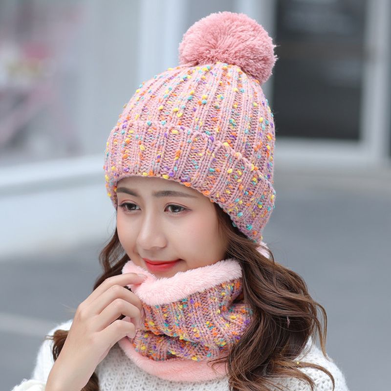 Dikke Warme Wollen Muts Bib Tweedelige Set Beanie Warme Winter Pom Cap