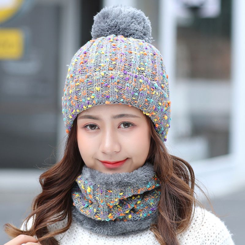 Dikke Warme Wollen Muts Bib Tweedelige Set Beanie Warme Winter Pom Cap