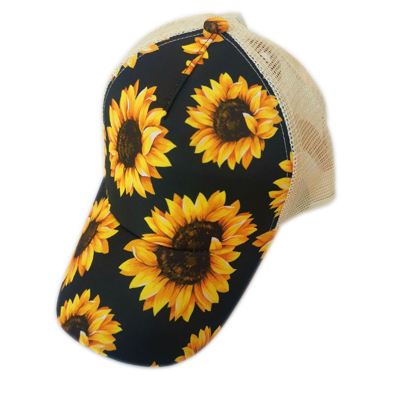 Europese En Amerikaanse Zonnebloem Print Baseball Cap Back Cross Paardenstaart Cap Kleur Gestreepte Zonnebrandcrème Mesh Cap