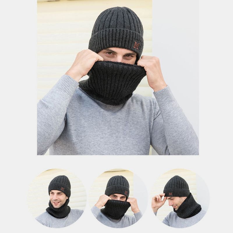 Heren 2pcs Plus Fluwelen Dikke Elastische Winddicht Houd Nekbescherming Warm Hoofddeksels Sjaal Wollen Beanie