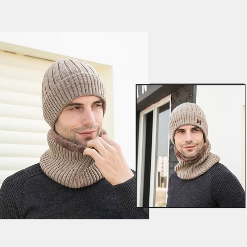 Heren 2pcs Plus Fluwelen Dikke Elastische Winddicht Houd Nekbescherming Warm Hoofddeksels Sjaal Wollen Beanie