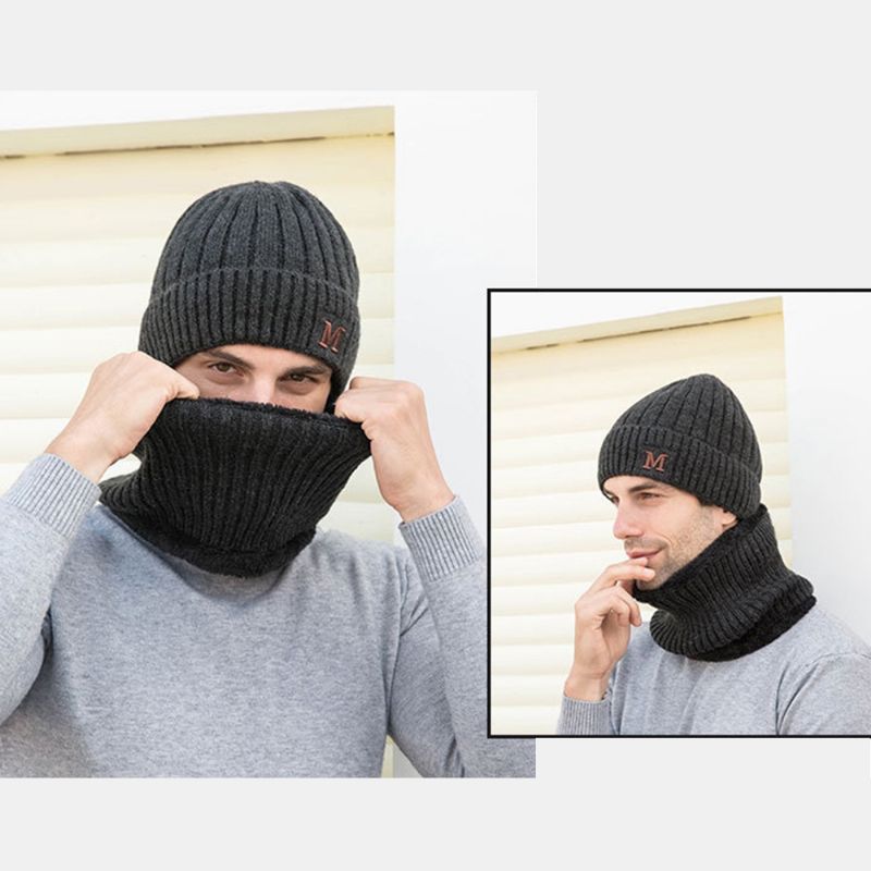 Heren 2pcs Plus Fluwelen Dikke Elastische Winddicht Houd Nekbescherming Warm Hoofddeksels Sjaal Wollen Beanie