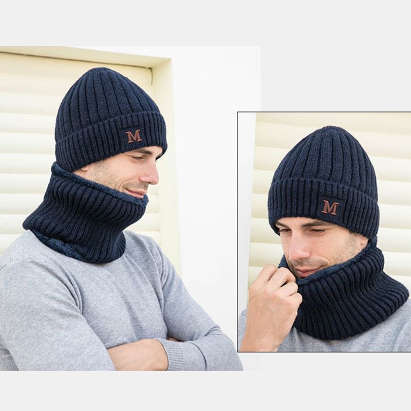 Heren 2pcs Plus Fluwelen Dikke Elastische Winddicht Houd Nekbescherming Warm Hoofddeksels Sjaal Wollen Beanie