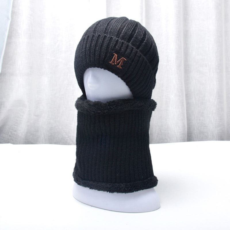 Heren 2pcs Plus Fluwelen Dikke Elastische Winddicht Houd Nekbescherming Warm Hoofddeksels Sjaal Wollen Beanie