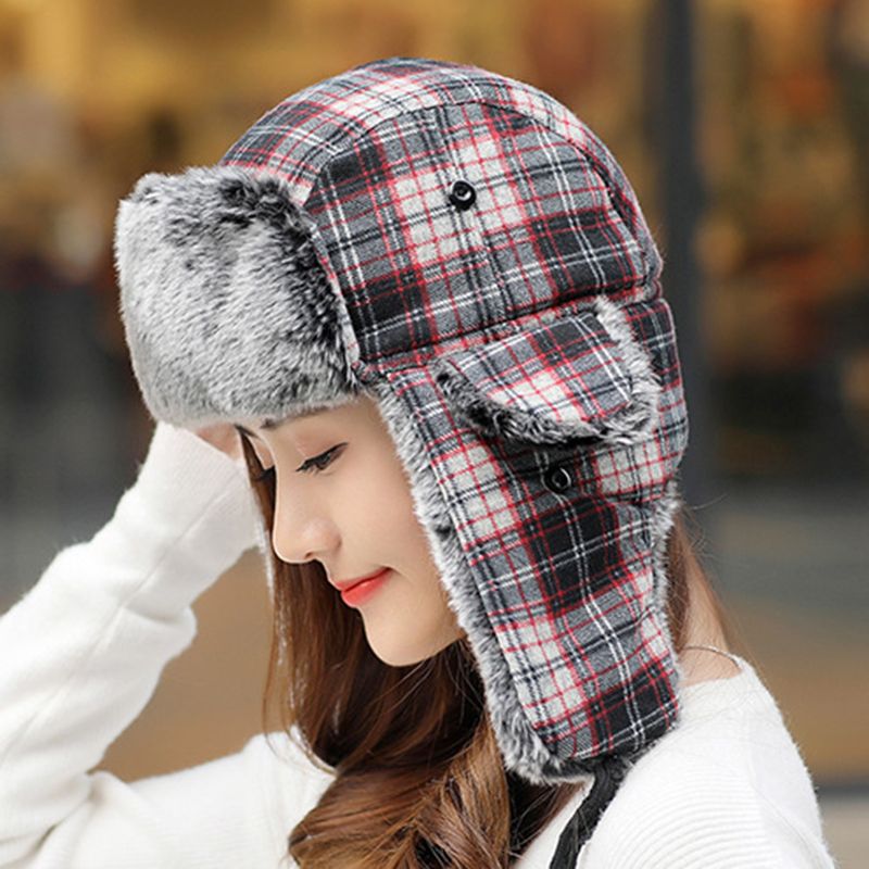 Heren Dames Plaid Plus Fluwelen Oorbeschermers Ushanka Trapper Hat