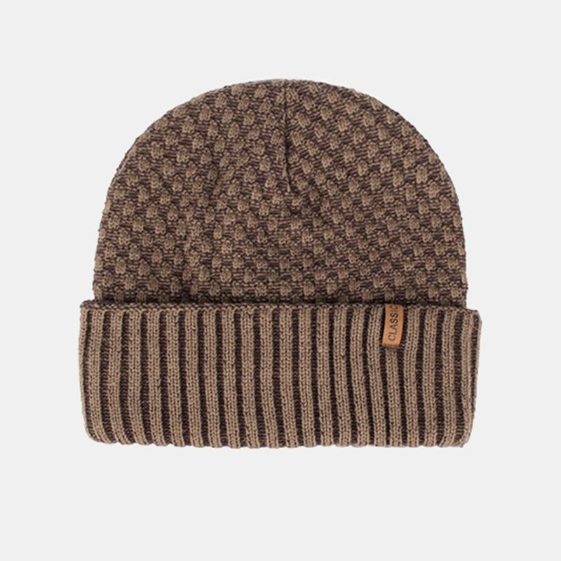 Heren Effen Kleur Geometrische Jacquard Gebreide Muts Casual Acryl Plus Fluwelen Warme Brimless Beanie Muts