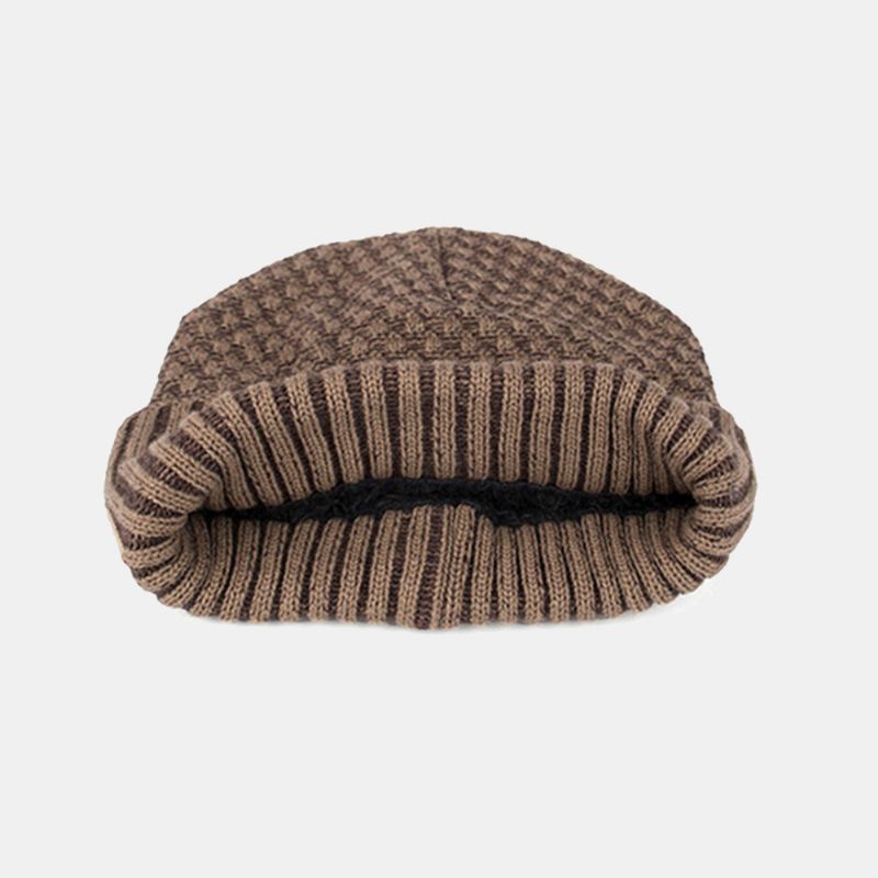 Heren Effen Kleur Geometrische Jacquard Gebreide Muts Casual Acryl Plus Fluwelen Warme Brimless Beanie Muts