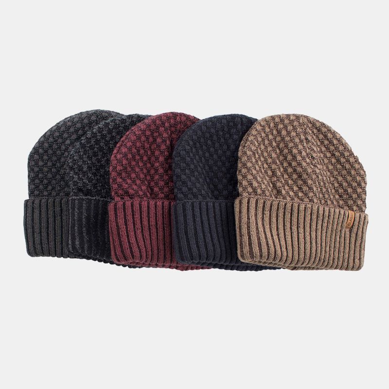 Heren Effen Kleur Geometrische Jacquard Gebreide Muts Casual Acryl Plus Fluwelen Warme Brimless Beanie Muts