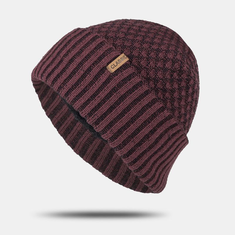 Heren Effen Kleur Geometrische Jacquard Gebreide Muts Casual Acryl Plus Fluwelen Warme Brimless Beanie Muts