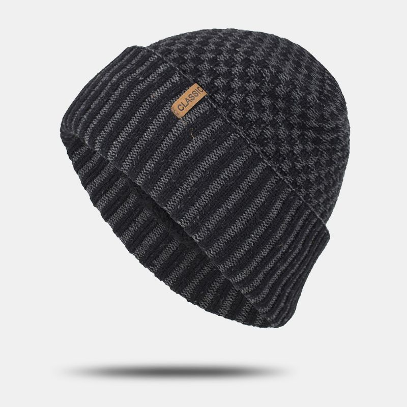 Heren Effen Kleur Geometrische Jacquard Gebreide Muts Casual Acryl Plus Fluwelen Warme Brimless Beanie Muts