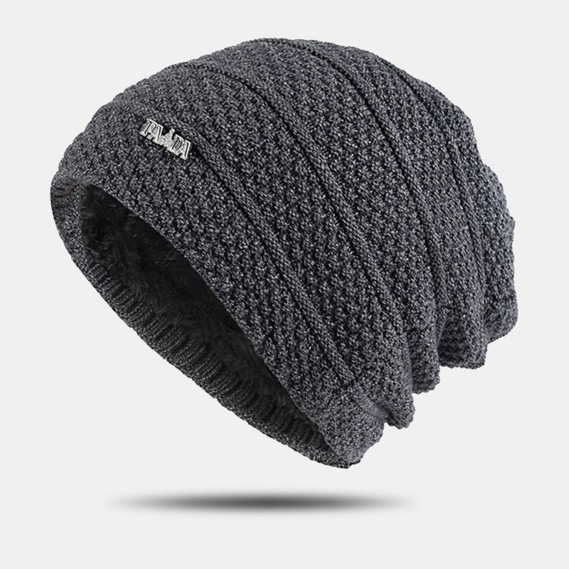 Heren Effen Kleur Gestreepte Gebreide Muts Plus Fluwelen Dikker Outdoor Warmte Brimless Beanie Hat