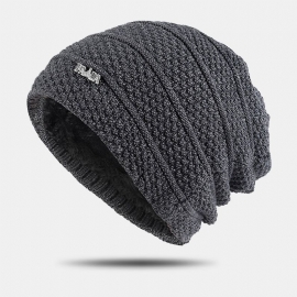 Heren Effen Kleur Gestreepte Gebreide Muts Plus Fluwelen Dikker Outdoor Warmte Brimless Beanie Hat