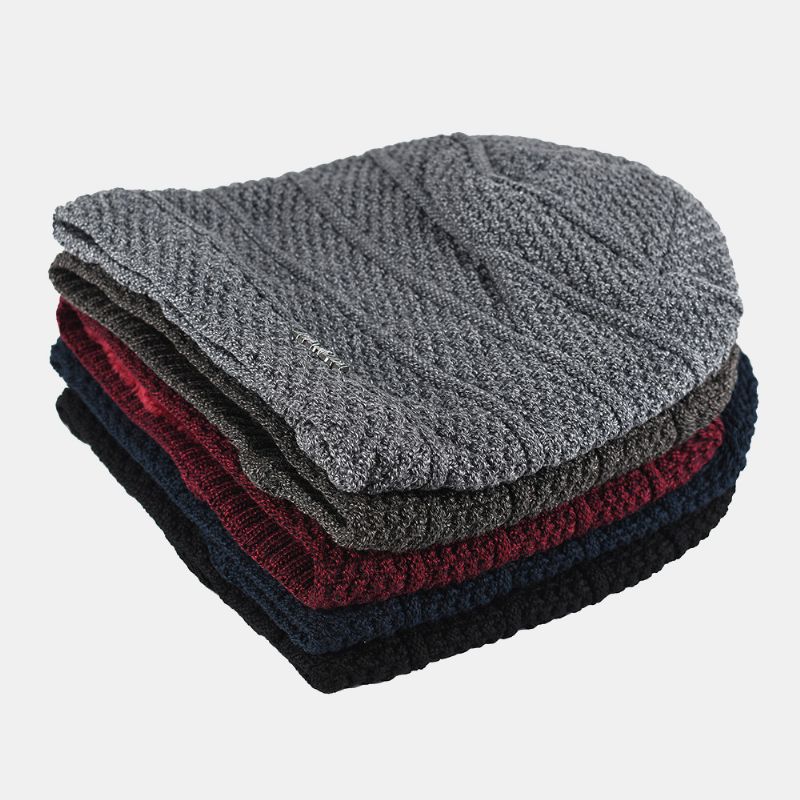 Heren Effen Kleur Gestreepte Gebreide Muts Plus Fluwelen Dikker Outdoor Warmte Brimless Beanie Hat