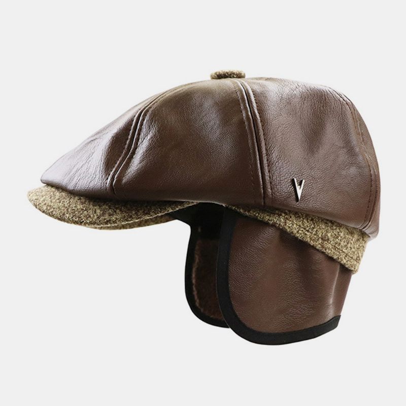 Heren Kunstleer Retro Casual Effen Kleur Oorbescherming Voorwaartse Hoed Achthoekige Hoed Baret Cap