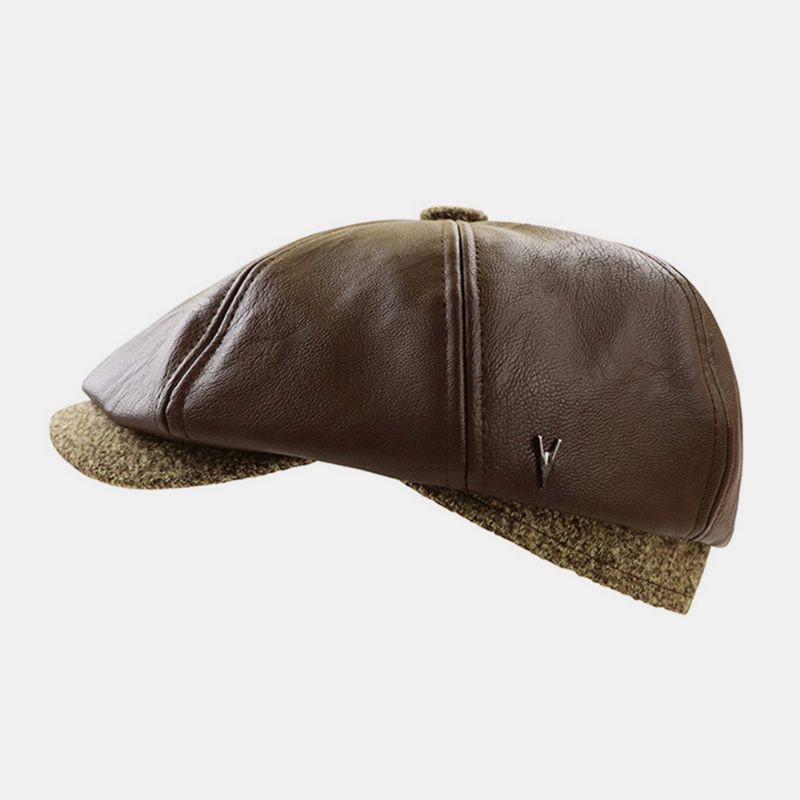 Heren Kunstleer Retro Casual Effen Kleur Oorbescherming Voorwaartse Hoed Achthoekige Hoed Baret Cap