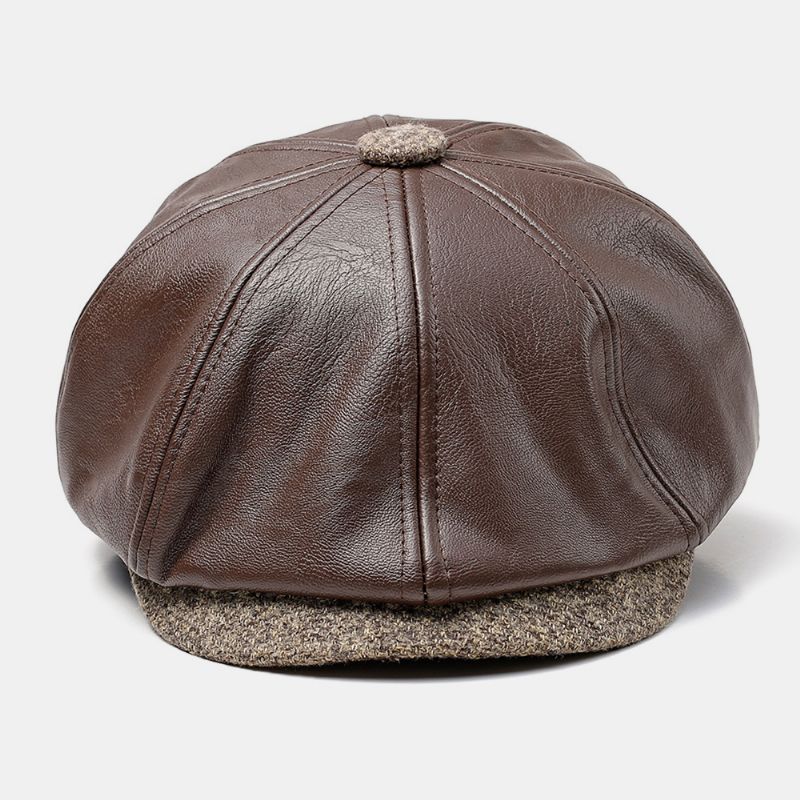 Heren Kunstleer Retro Casual Effen Kleur Oorbescherming Voorwaartse Hoed Achthoekige Hoed Baret Cap