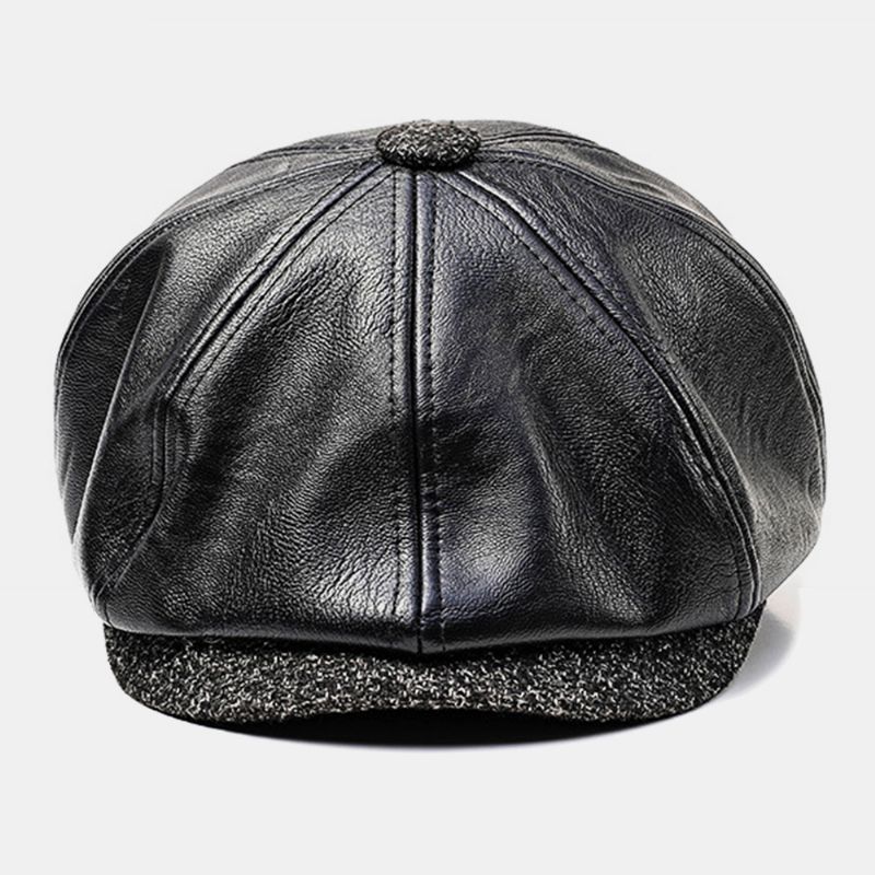 Heren Kunstleer Retro Casual Effen Kleur Oorbescherming Voorwaartse Hoed Achthoekige Hoed Baret Cap