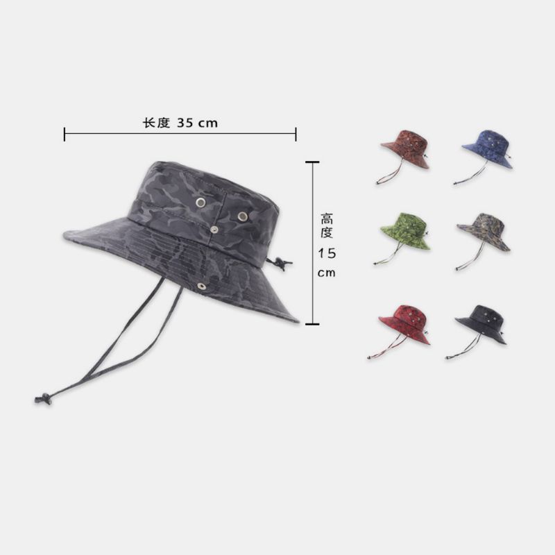 Mannen Camouflage Grote Rand Winddicht Touw Outdoor Vissen Klimmen Anti-uv Zonnescherm Emmer Hoed