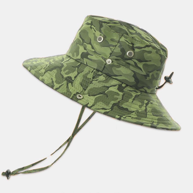 Mannen Camouflage Grote Rand Winddicht Touw Outdoor Vissen Klimmen Anti-uv Zonnescherm Emmer Hoed