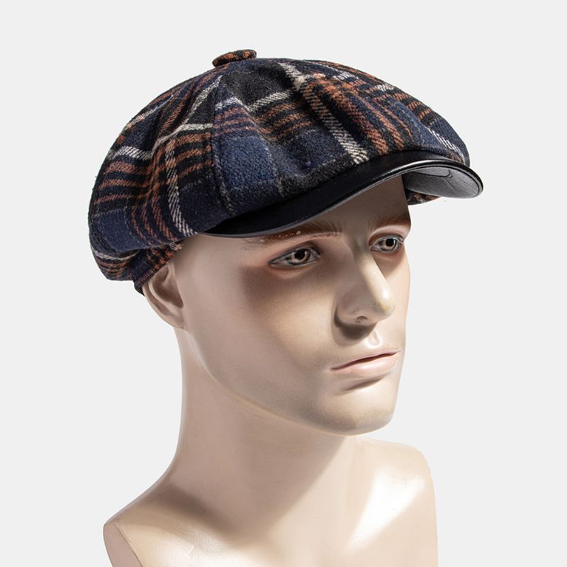 Mannen Casual Persoonlijkheid Plaid Patroon Krantenverkoper Hoed Achthoekige Cap Baret Hoed