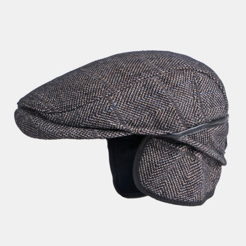 Mannen Effen Kleur Oorbescherming Oorbeschermers Ontwerp Winddicht Platte Hoed Britse Retro Dikker Warme Baret Cap Forward Hat