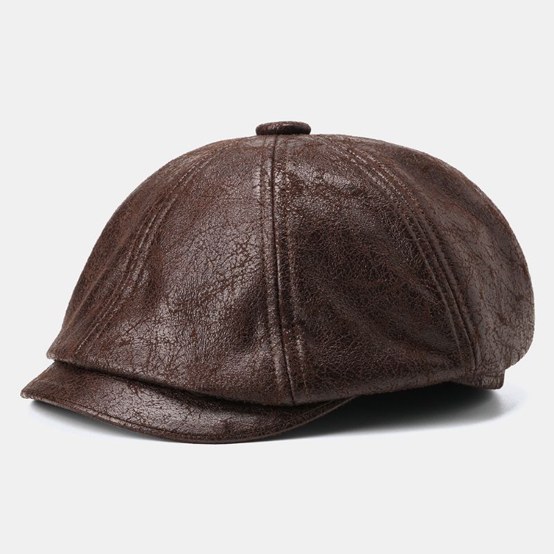 Mannen Gebarsten Pu Lederen Krantenverkoper Hoed Retro Baret Caps