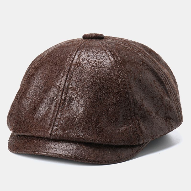 Mannen Gebarsten Pu Lederen Krantenverkoper Hoed Retro Baret Caps