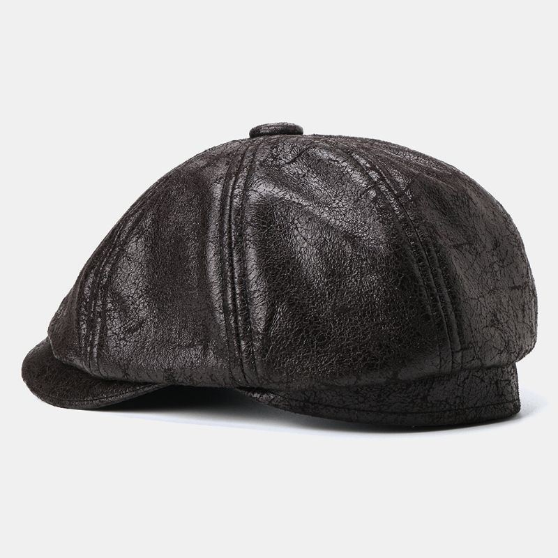 Mannen Gebarsten Pu Lederen Krantenverkoper Hoed Retro Baret Caps