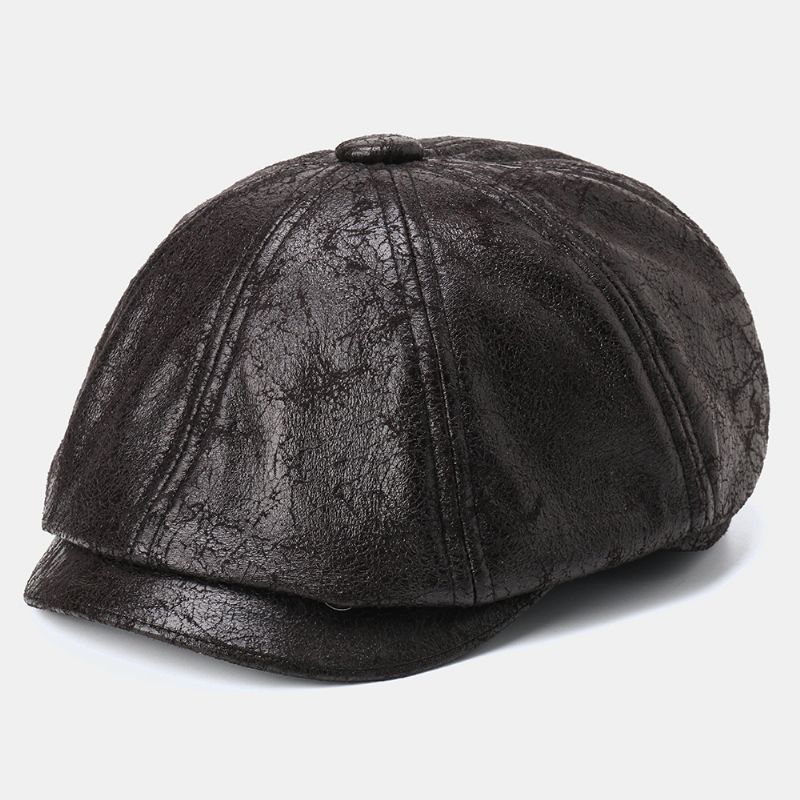 Mannen Gebarsten Pu Lederen Krantenverkoper Hoed Retro Baret Caps