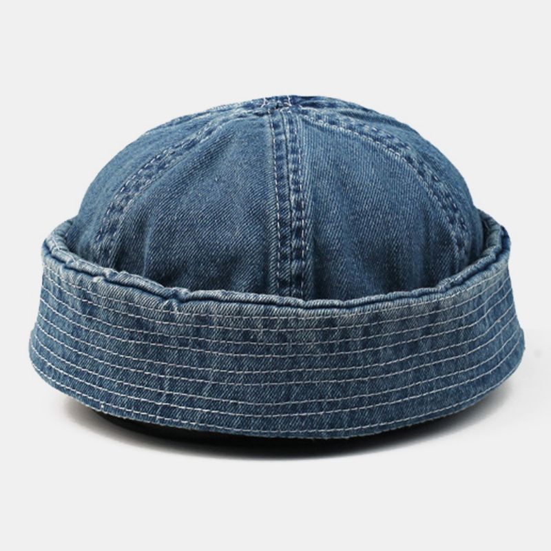 Mannen Gewassen Denim Effen Kleur Verstelbare Outdoor Casual Hoed Beanie Verhuurder Cap Skull Cap