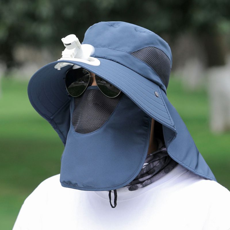 Mannen Mesh Ademend Masker Gordijn Lange Mantel 360 Graden Zon Bescherming Hoed Met Ventilator Outdoor Casual Emmer Hoed