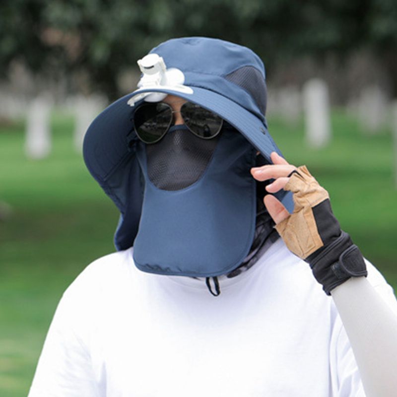 Mannen Mesh Ademend Masker Gordijn Lange Mantel 360 Graden Zon Bescherming Hoed Met Ventilator Outdoor Casual Emmer Hoed