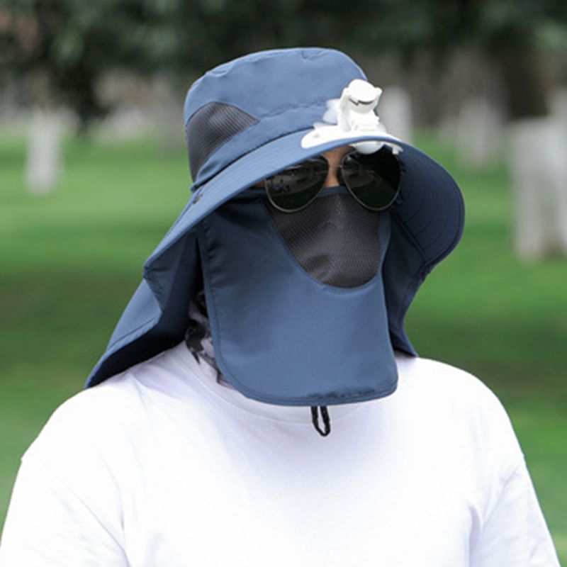 Mannen Mesh Ademend Masker Gordijn Lange Mantel 360 Graden Zon Bescherming Hoed Met Ventilator Outdoor Casual Emmer Hoed