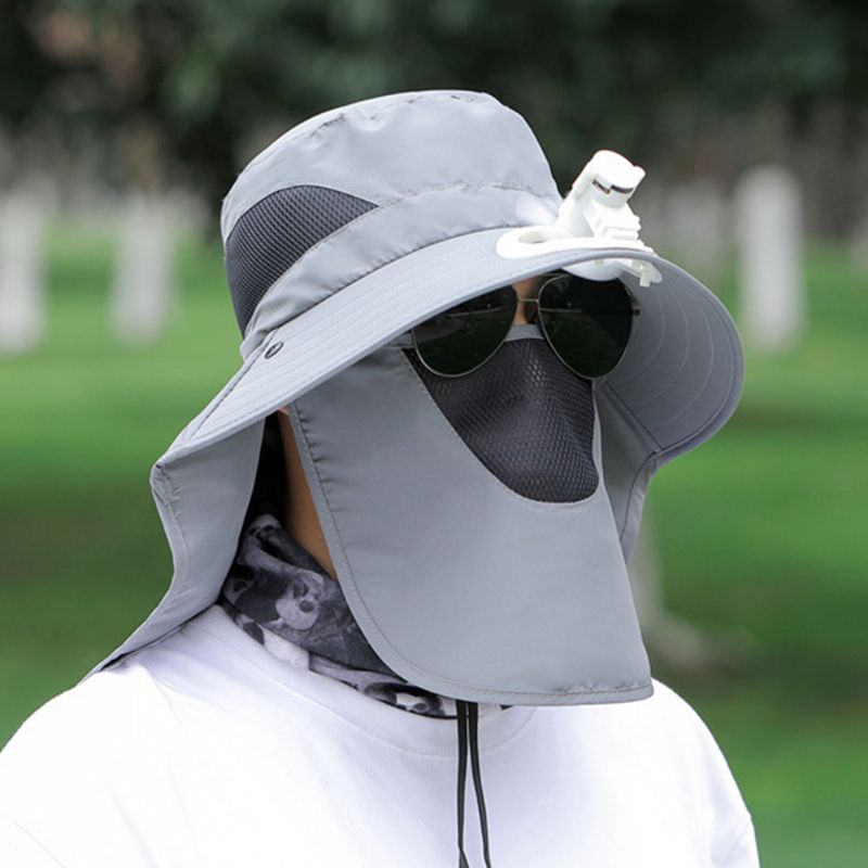 Mannen Mesh Ademend Masker Gordijn Lange Mantel 360 Graden Zon Bescherming Hoed Met Ventilator Outdoor Casual Emmer Hoed