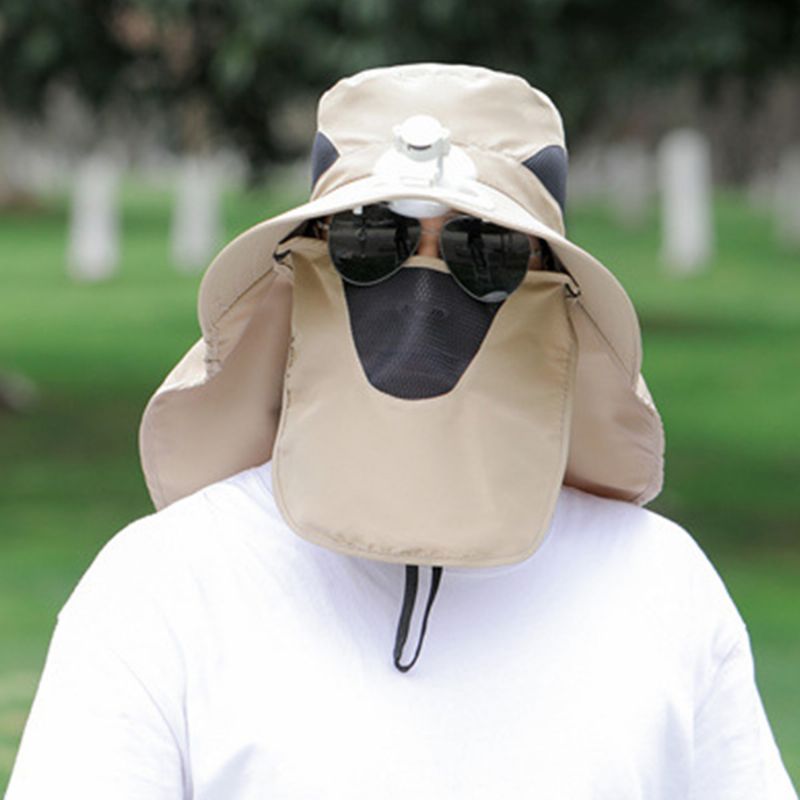 Mannen Mesh Ademend Masker Gordijn Lange Mantel 360 Graden Zon Bescherming Hoed Met Ventilator Outdoor Casual Emmer Hoed