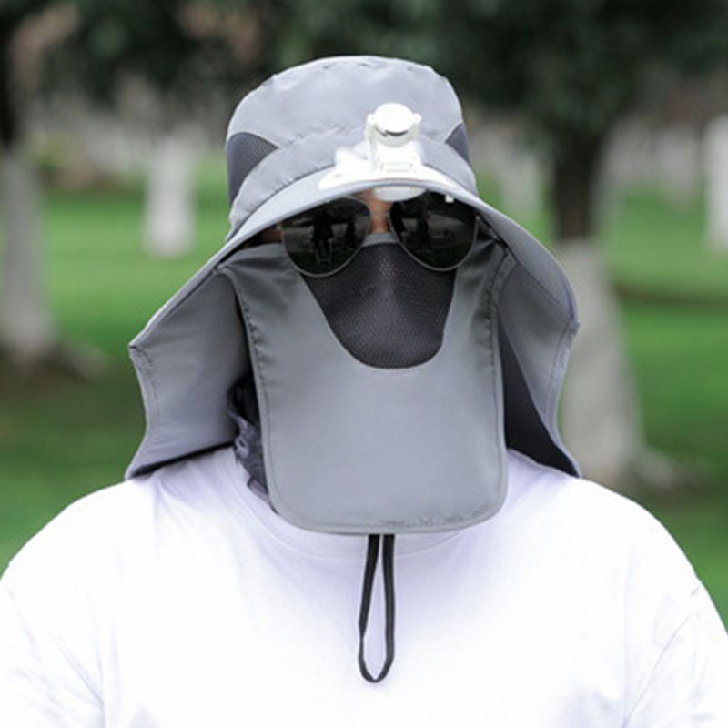 Mannen Mesh Ademend Masker Gordijn Lange Mantel 360 Graden Zon Bescherming Hoed Met Ventilator Outdoor Casual Emmer Hoed