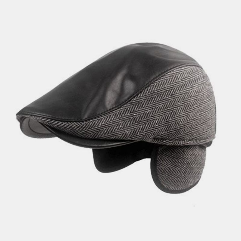 Mannen Pu Lederen Visgraat Stiksels Baret Cap Herfst Winter Outdoor Gehoorbescherming Oorbeschermers Warm Forward Cap