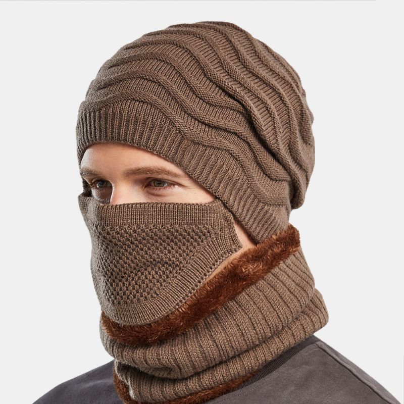 Unisex 3pcs Plus Fluwelen Dikke Warme Nek- En Oorbescherming Masker Hoofddeksels Sjaal Gebreide Muts Beanie