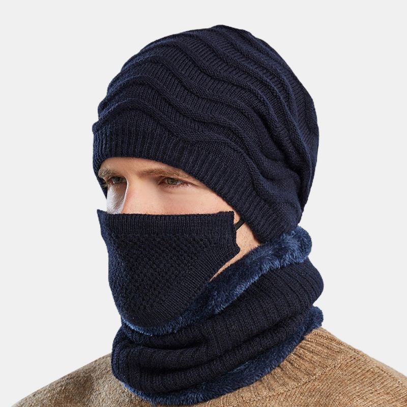 Unisex 3pcs Plus Fluwelen Dikke Warme Nek- En Oorbescherming Masker Hoofddeksels Sjaal Gebreide Muts Beanie