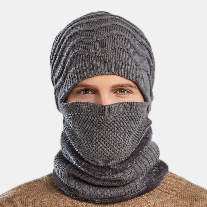 Unisex 3pcs Plus Fluwelen Dikke Warme Nek- En Oorbescherming Masker Hoofddeksels Sjaal Gebreide Muts Beanie