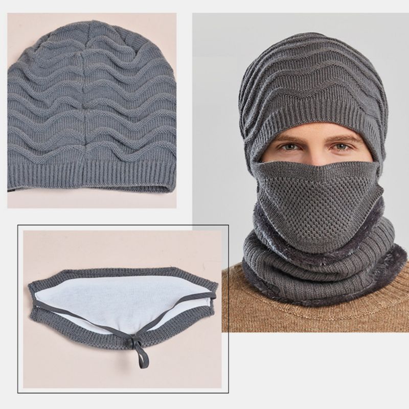 Unisex 3pcs Plus Fluwelen Dikke Warme Nek- En Oorbescherming Masker Hoofddeksels Sjaal Gebreide Muts Beanie