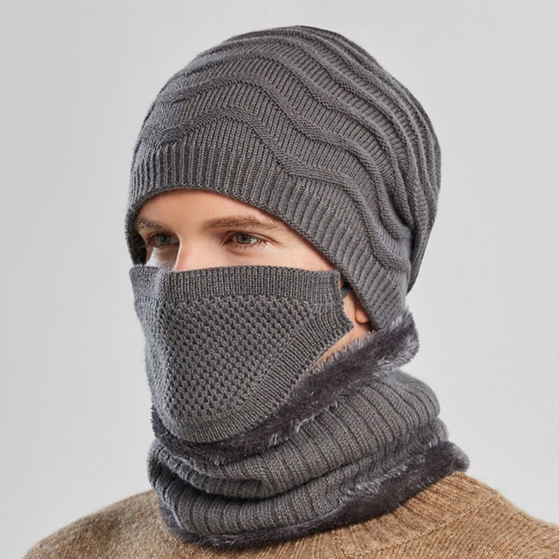 Unisex 3pcs Plus Fluwelen Dikke Warme Nek- En Oorbescherming Masker Hoofddeksels Sjaal Gebreide Muts Beanie