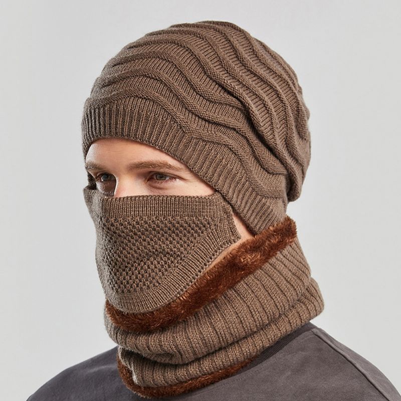 Unisex 3pcs Plus Fluwelen Dikke Warme Nek- En Oorbescherming Masker Hoofddeksels Sjaal Gebreide Muts Beanie